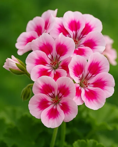 Pink and white geranium flowers against green leaves