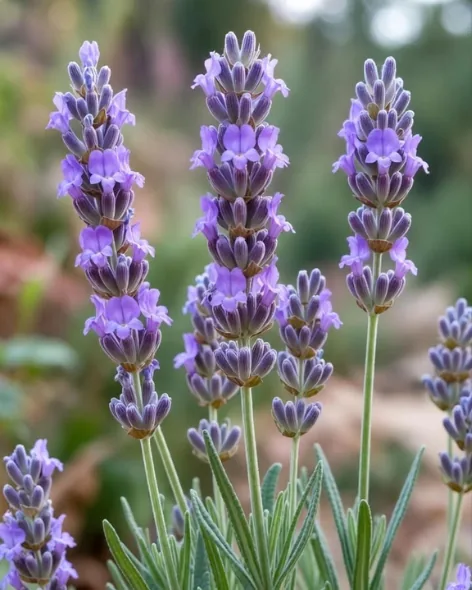 Purple lavender spikes growing in a garden