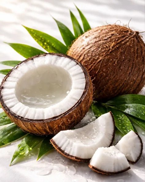 A halved coconut and coconut pieces resting on palm leaves